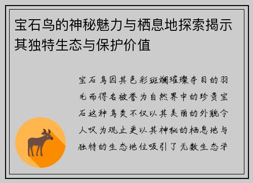 宝石鸟的神秘魅力与栖息地探索揭示其独特生态与保护价值